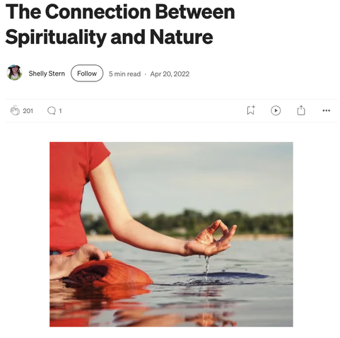 Screenshot of story by Shelly Stern with title “The Connection Between Spirituality and Nature” and a photo of a person sitting outdoors in water in the lotus position