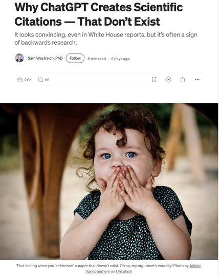 Screenshot of story by Sam Westreich with title “Why ChatGPT Creates Scientific Citations — That Don’t Exist” and a photo of a young, wide-eyed child with their hands over their mouth