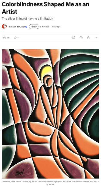 Screenshot of story by Iban Van der Zeyp with title “Colorblindness Shaped Me as an Artist” and an original illustration in tones of red, orange, and green, with white highlights and black shadows
