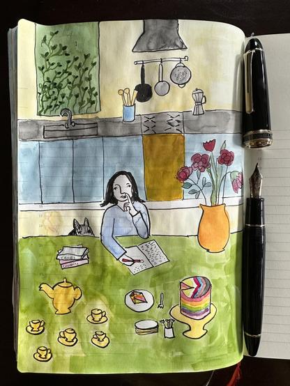 Sketch in sketchbook of me, where my finger is almost up my nose in search for a booger. I'm also writing in a journal, next to me are two cookbooks, an orange vase with red flowers. A rainbow cake with a piece taken out, which is on the plate next to it. Furthermore are a teapot and five teacups and some more plates with some forks. In the background is my imaginary kitchen