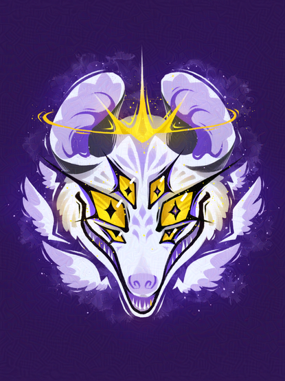An opossum face with six eyes and a golden crown, all in nonbinary pride flag colors.