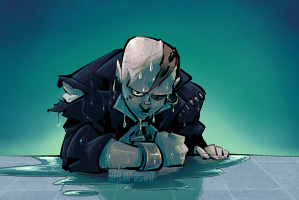 Efron Weisz from IdentityV half-way out of a pool all wet.
