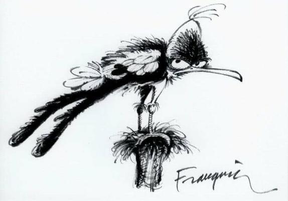 Dessin noir et blanc de Franquin, représentant une "mouette rieuse" mais qui clairement fait la tête... posée sur un piquet de bois.