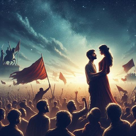 Ein romantisches Bild von Menschen während einer Revolution unter einem Himmel mit Sternen