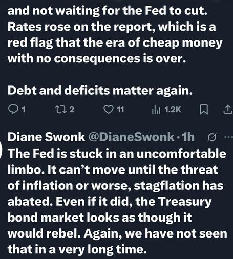 A Twitter thread discussing economic concerns, particularly related to interest rates, inflation, and the Federal Reserve's challenges. The first part highlights rising rates and the implications for debt and deficits. The second part, from Diane Swonk, elaborates on the Fed…