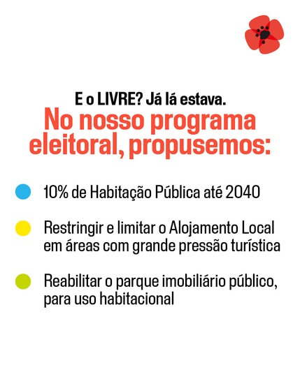E o LIVRE? Já lá estava.

No nosso programa eleitoral, propusemos:
•⁠  ⁠10% de Habitação Pública até 2040
•⁠  ⁠Restringir e limitar o Alojamento Local em áreas com grande pressão turística
•⁠  ⁠Reabilitar o parque imobiliário público, para uso habitacional