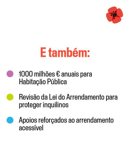 E também:

•⁠  ⁠1000 milhões € anuais para Habitação Pública
•⁠  ⁠Revisão da Lei do Arrendamento para proteger inquilinos
•⁠  ⁠Apoios reforçados ao arrendamento acessível