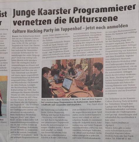 Ausschnitt aus dem Kaarster Extratip mit dem Titel Junge Kaarster Programmierer vernetzen die Kulturszene.