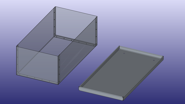 A screenshot of some sheet metal parts that were designed in FreeCAD.  On the left, a deep box is visible and on the right, a flat tray with some mounting holes.