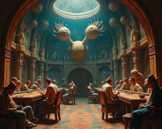 In a grand, dimly lit chamber resembling an ancient temple, a long wooden table is filled with a dozen men engaged in quiet conversation or introspection, their expressions a blend of contemplation and curiosity. Above them, an unusual sculpture resembling a whimsical molecule with elongated appendages hovers, casting soft shadows against the intricately detailed stone walls, adorned with carvings and bas-reliefs that depict forgotten narratives of the past. The atmosphere is tranquil yet mysterious, illuminated by beams of light streaming through a circular opening in the ceiling, creating an ethereal glow that highlights the dust particles suspended in the air. The rich color palette, dominated by warm browns and muted golds, imparts an otherworldly feel to the scene, suggesting a setting that is both timeless and surreal. Overall, the image evokes a sense of introspection and enigma, inviting viewers to ponder the hidden stories between the characters and the alien presence above.