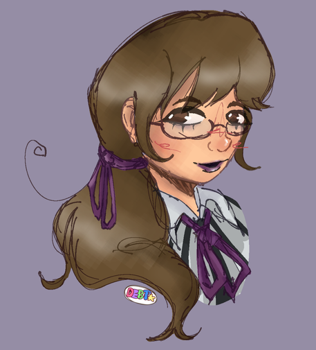 A portrait style drawing of a humanoid skin. She has a peachier skin tone. Her long brown hair is tied, frantically, with a purple ribbon. He is wearing a very formal pinstripe suit, also tied with a purple bow. His eyes are narrow, peaking under her glasses that sit upon his slender nose.