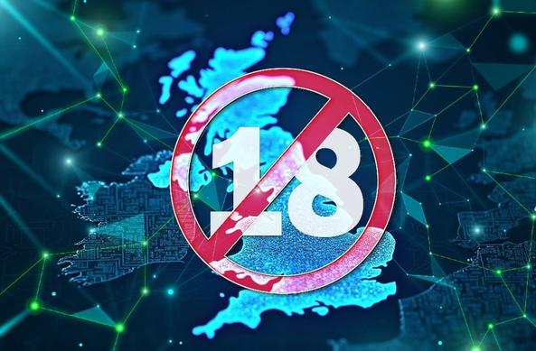 Dark blue/green/black image of the United Kingdom overlaid with cyberspacey graphics, emblazoned with a giant "no access to under 18s" symbol (a red circle with a diagonal line through it over the white number 18)