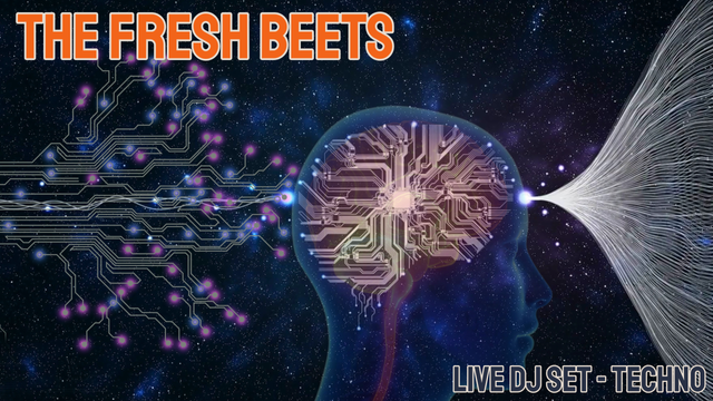 Digital image of a human brain with circuitry entering from the back and some kind of signals/synapses exiting from the front. Or vice versa.

The top left corner is titled "The Fresh Beets" and the bottom right corner is subtitled "Live DJ Set - Techno."