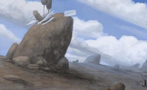 A fantasy illustration showing a rocky wasteland with rounded rocks poking out of the flats. In the foreground but small is a flying airship. It is suspended from flying rocks and has sideways sails, aswell as a kite.