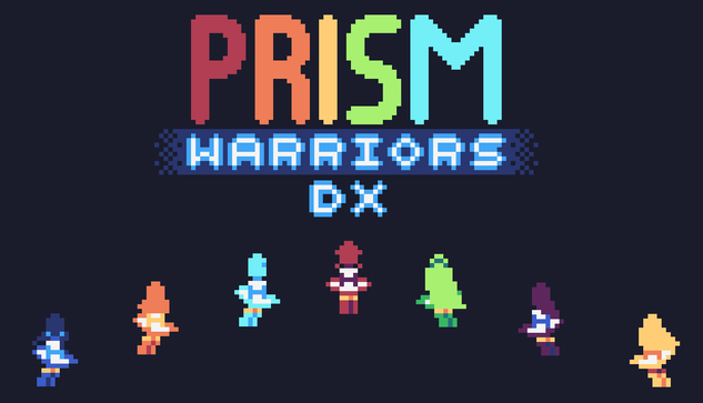 A promotional image for the game "Prism Warriors DX", with the game's logo at the top of the image, and the seven Prism Warriors lined up from left to right along the bottom half of the image.