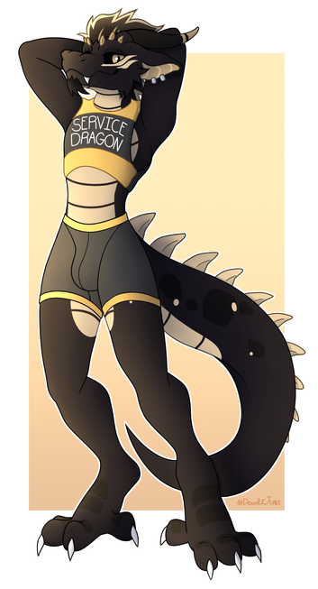 A black anthropomorphic dragon wearing a vest labeled "Service Dragon" and a pair of boxers. His arms are behind his head as he looks at the viewer.