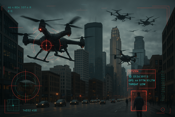 A photorealistic digital composite shows downtown Minneapolis under a cloudy sky. Weaponized multirotor drones patrol the air above the city. A red HUD overlay highlights one pedestrian walking in the street, displaying their ID, GPS coordinates, and a “THREAT: LOW” designation.