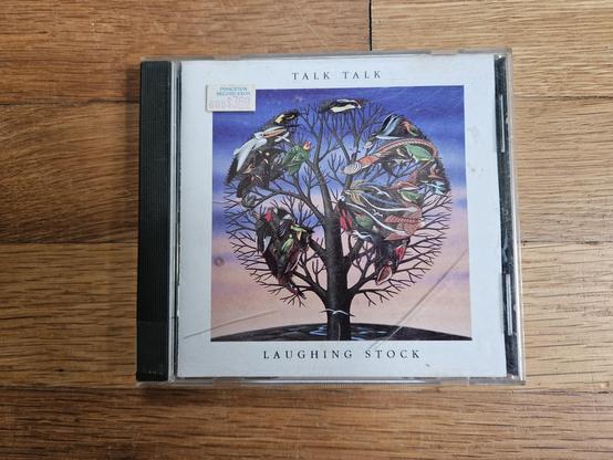 A CD cover for Laughing Stock by Talk Talk. It shows a tree with no leaves, with lots of different, colorful birds in the branches.