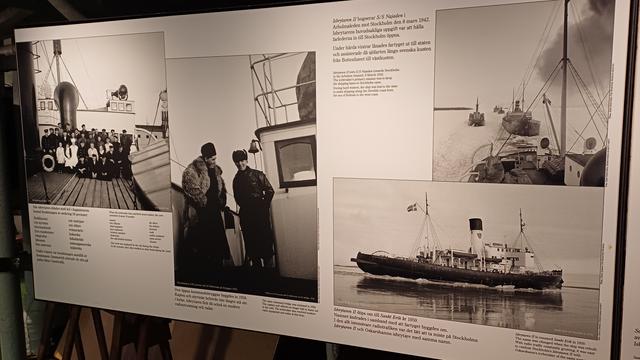 Poster from the exibition on the history of the Icebreaker. Photos on the Icebreaker in operation and on members of the crew from sometime during the first half of the 20th century. Text in Swedish and English, probably too small to read, explaining the history.