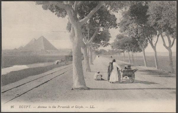 Printed monochrome postcard showing a view of a cart on the avenue leading to the pyramids of Giza, near Cairo in Egypt.

Published by Lévy Fils et Cie, Paris, No LL 26, c.1910.

Postally unused.

Very good condition, with minimal corner bumps and very light album marks.