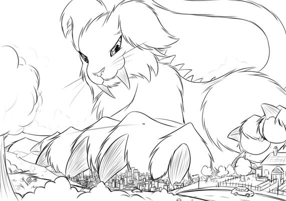 The collossal smilodon is now laying down on the entire city. His near paw filling the foreground, and his back paw raised to show the pads.