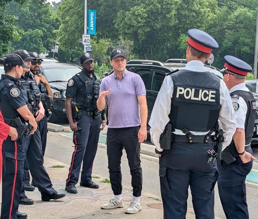Beaches-East York MP Nate Erskine-Smith, dressed for his kid's ball game, showed up for us and  firmly asked uniformed police to clear away from the front of his office on the Danforth.