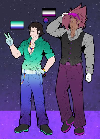 Two men standing side by side. Altair's outfit has the colors of the mlm flag. Rigel's outfit has the colors of the asexual flag with colors on the buttons of the bisexual flag.