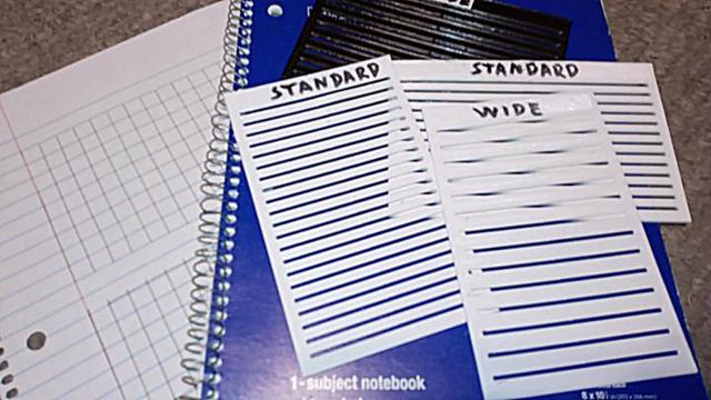 Image contains blue notebook, 3 white stencils, one black stencil, labeled WIDE or STANDARD depending on type. Sheet of paper in the back shows Wide-Ruled paper turned into a piece of grid paper.

Ruled lines stencils for 3.5x5.5" pocket notebooks. Can also be used in larger or smaller notebooks, clearly. Can be used to draw lines, grids, tables, checklists...