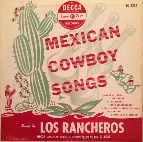 Pochette dessinée d'un vieux vinyl de chez Decca de Mexican Cowboy Songs par Los Rancheros, un dessin de cactus vert fleuri sur une terre désertique colorée en rouge, deux petits rancheros dessinés cavalant sur le côté droit, trois guitares en transparence au centre