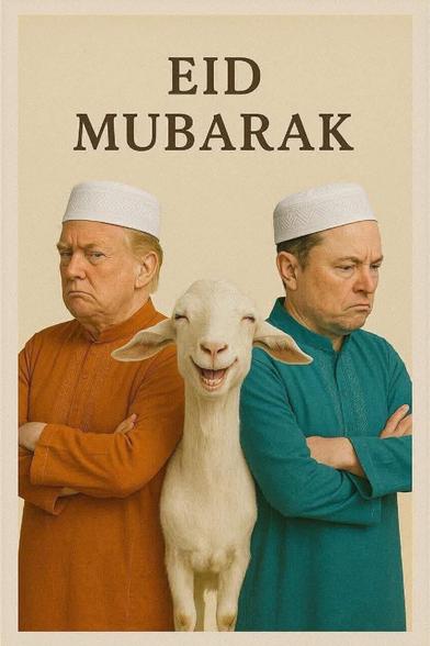 Eid Mubarak photo card portraying trump and Elon musk along with a goat.