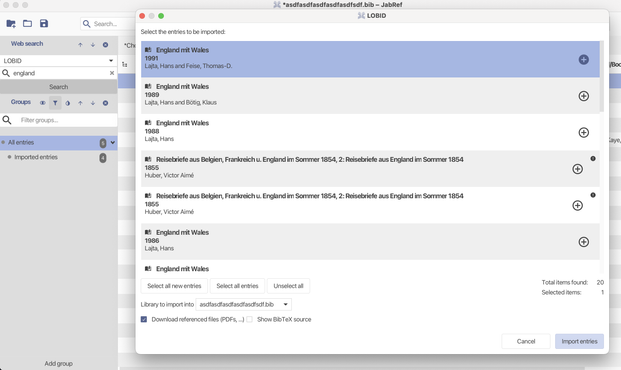 Screenshot of JabRef mit der Suche nach england in LOBID und dem Import dialog