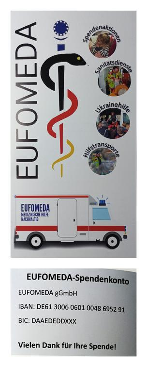 Titelseite und Spendenkonto der gemeinnützigen Hilfsorganisation EUFOMEDA.