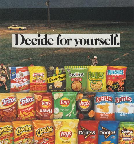 a 70's high school football game, rows and rows of big food corp snacks