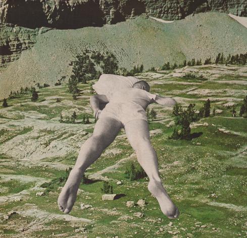 a man sleeps on his belly half-on a pillow. he's very large, beneath him is a grassy, rocky landscape