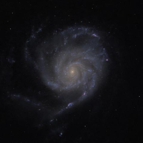 Cropped image of M101, the Pinwheel Galaxy, with the object filling nearly all of the photo. The galaxy is a spiral with a counterclockwise rotation and is seen face-on.