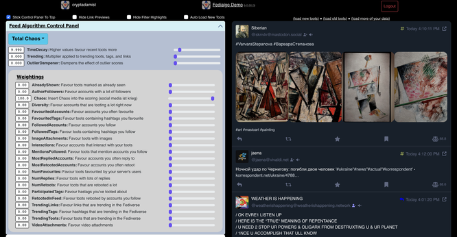 screenshot of fedialgo with TOTAL CHAOS preset chosen