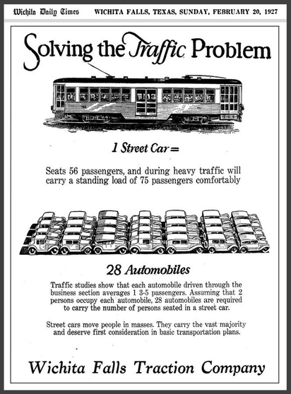 Do you advertisement talks about how one trolley 28 automobiles on the road. You see a very nice, shiny trolley and 28 automobiles below it.