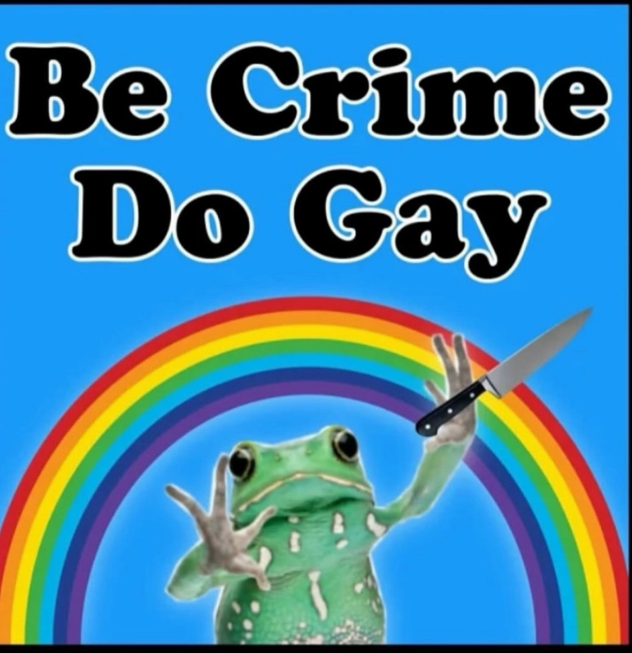 "Be Crime Do Gay" frog with knife, rainbow behind