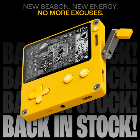 Image of a Playdate with the game Dig Dig Dino! on the screen. Text: new season, new energy. no more excuses. back in stock!
