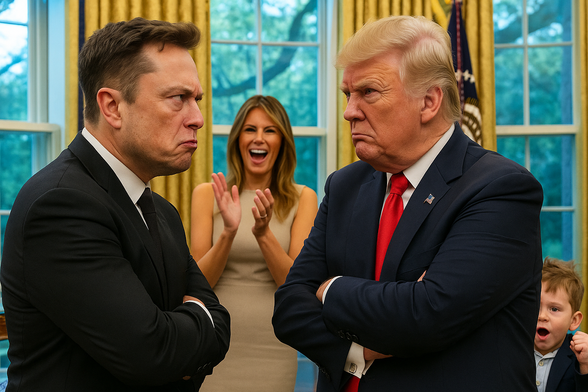 Elon Musk and Donald Trump standing in the oval office across each other Both are dressed in suits and their faces show anger. In the background you see Melania Trump and X Æ cheering them on.