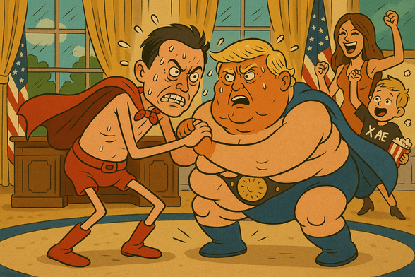 cartoon image of Elon Musk and Donald Trump together in the oval office wrestling together. Both are dressed sparsely and their faces show lots of sweat and anger. In the background you see Melania Trump and X Æ cheering them on.