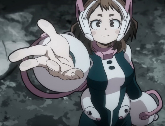 Ochaco, in her superhero outfit, extends a hand towards the camera, but intended for Izuku, who is now off-screen. But just a moment ago we saw Izuku looking extremely haggard and alone beneath gray skies.