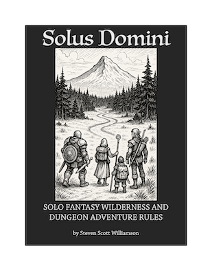 Cover of Solus Domini downloadable game. Line drawing of a distant mountain, with four adventurers facing a path through grass and forest leading toward the mountain.