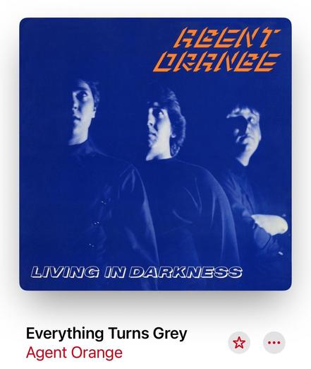 Image features the album cover for "Living in Darkness" by Agent Orange. Three figures are silhouetted against a blue background, with the band name and album title prominently displayed in orange and white text. The track "Everything Turns Grey" is highlighted below