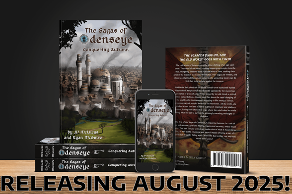 A 3D render of the Sagas of Odenseye series in various formats. The front cover depicts a city with a palace in prominent view. The palace is large and consists of several domed buildings and two thin towers. The words "RELEASING AUGUST 2025" are prominently displayed at the bottom.