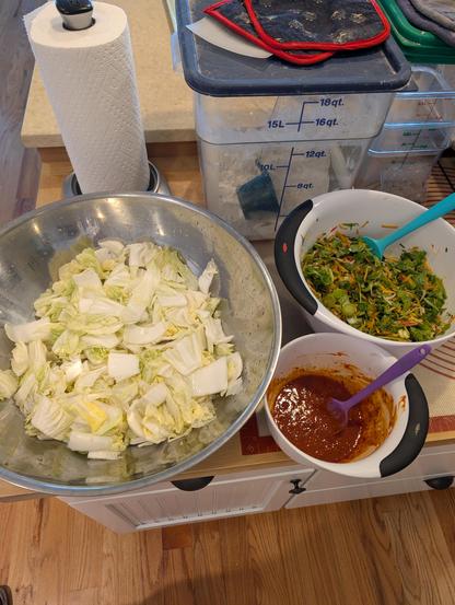 Salted Napa cabbage, chopped veggies, Korean spice paste mixture in different bowls