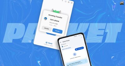 A smartphone screen displays an incoming file transfer from "Joe's phone," featuring options to accept or decline. Background in blue swirls.