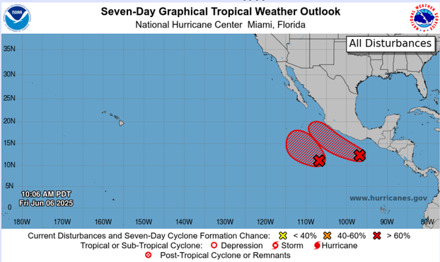Two areas of 80% chance of development in the Eastern Pacific