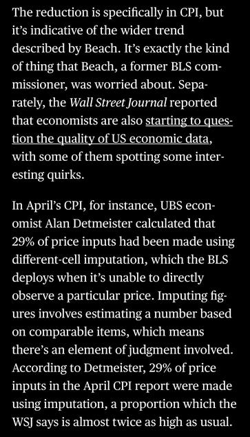 The reduction is specifically in CPI, but it's indicative of the wider trend described by Beach. It's exactly the kind of thing that Beach, a former BLS com-missioner, was worried about. Sepa-rately, the Wall Street Journal reported that economists are also starting to question the quality of US economic data, with some of them spotting some interesting quirks.
In April's CPI, for instance, UBS economist Alan Detmeister calculated that 29% of price inputs had been made using different-cell imputation, which the BLS deploys when it's unable to directly observe a particular price. Imputing figures involves estimating a number based on comparable items, which means there's an element of judgment involved.
According to Detmeister, 29% of price inputs in the April CPI report were made using imputation, a proportion which the WSJ says is almost twice as high as usual.

In:  “America’s Data Disaster Is Already Here” by Tracy Alloway and Joe Weisenthal June 6, 2025, 12:17 PM EDT, updated at June 6, 2025, 12:17 PM EDT

via Bloomberg in Apple News