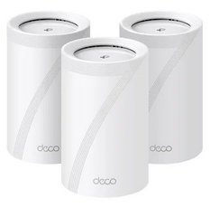A set of white cylindrical TP-link mesh wireless devices